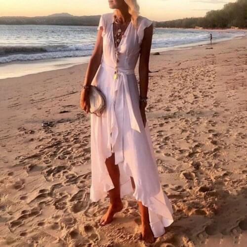 2021 Summer New Fashion Womens Bohemian Style Dress V-neck Solid Color Short Sleeve Irregular Hem Long Skirt Dress for Beach
