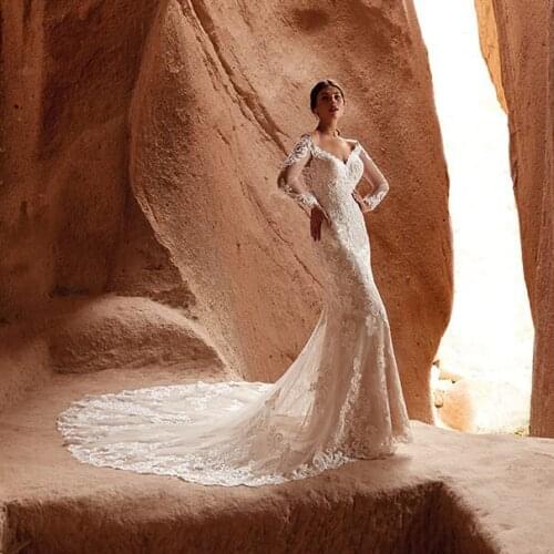 Thinyfull Luxury Boho Long Sleeve Mermaid Wedding Dresses Court Train Tulle V Neck Bridal Gown Lace Appliques Vestido De Novia