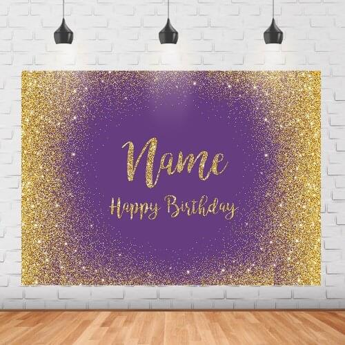 Golden glitter happy birthday party background purple child girl name DIY birthday party decoration banner photo studio