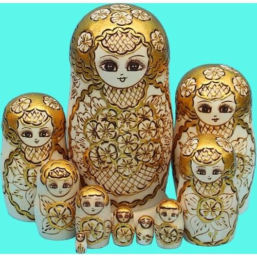 10pcs/set Wood Doll Russian Nesting Dolls Golden Matryoshka Dolls Creative Christmas Gifts Traditional Matryoshka Dolls Toys