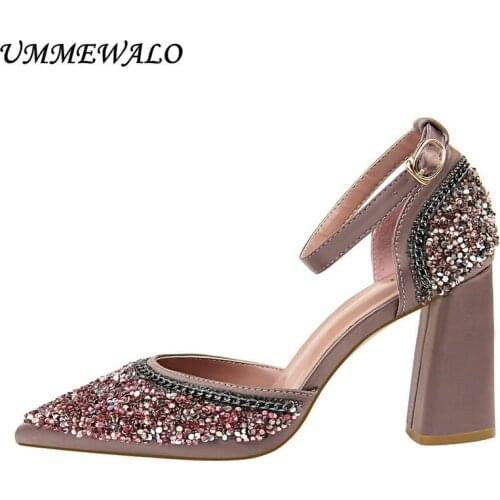 UMMEWALO Ankle Strap High Heel Shoes Women Chain Design Sexy Pointed Toe Sandals Woman Square Heel High Shoes Ladies Shoes