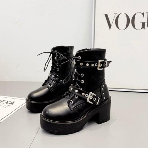 New Combat Patent Leather Boots Women Lace Up Gothic Black Platform Leather Martin Ankle Boots Women Shoes Botas Mujer