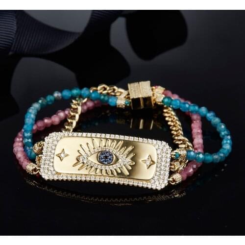 SOELLE 925 Sterling Silver Zircon Golden Pop Lucky Eye Bracelet Pink Blue Beads Three Layer Chains Bracelet Women Fine Jewelry
