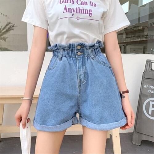 Korean Womens Plus Size Denim Shorts Button Pocket High waist Jeans Shorts 2020 Summer Women Fashion Wide leg Short Pants Jeans