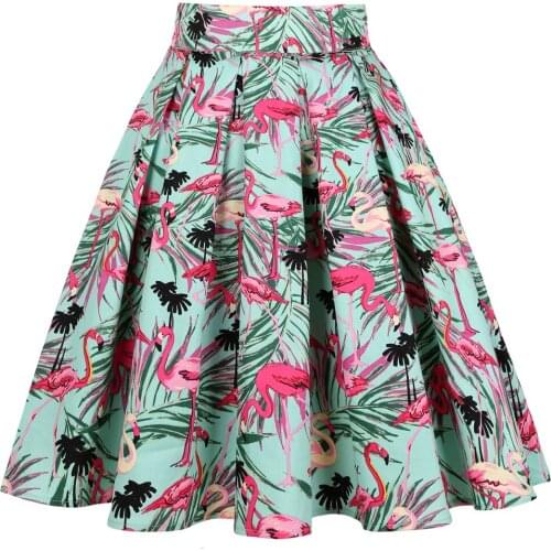 Flamingo Green Pleated Short Skirts High Waist Cotton Hepburn Style Casual Summer Beach Boho Skater Retro Vintage Party Clothing