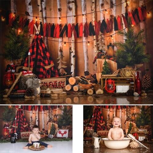 Forest Backdrop for Kids 1st Birthday Photography Newborn Party Background Baby Shower Camping Wood Red Flag Newborn Backdrops