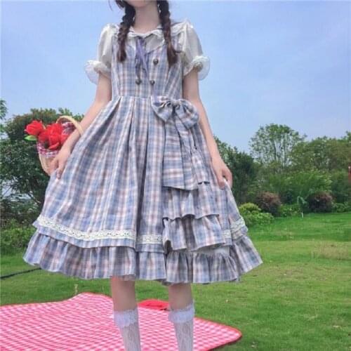 Summer womens wear Japanese soft girl Lolita Lolita Dress Navy collar Plaid Bow vest dress
