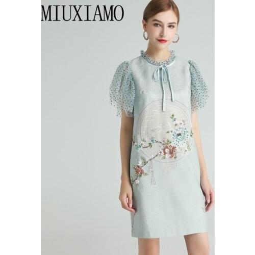 MIUXIMAO 2021 Spring Summer Diamond-studded Light Blue Mesh Stitching Short Sleeve Elegant Fashion Casual Dress Vestidos Women