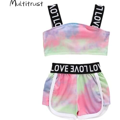 Fashion Girls Summer Clothing Toddler Newborn Baby Girls Tie Dye Letter Print Crop Tops+Shorts Pants Tracksuits Outfits 0-24M