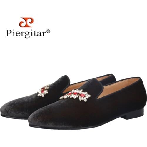 Piergitar burgundy color velvet mens loafers fashion drilling metal fastener men dress shoes for party and wedding plus size