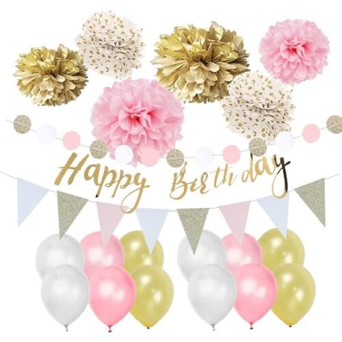 Pack of 24 Birthday Party Decoration Kit Gold Polka Dots Pom Poms Happy Birthday Banner Pennant Flags Balloons for Birthday