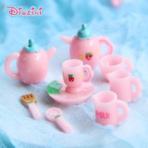 6pcs Pink Tea Set Action Figure Simulation Tableware Dollhouse Model Resin Figurine Birthday Cake Decoration Toy Gift For Kids