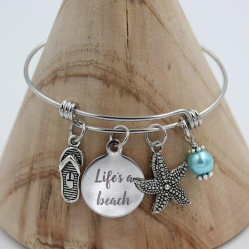 Stainless Steel Engraved Lifes a beach Charms Alloy Flip Flop Starfish Bracelets&Bangles For Women Gifts