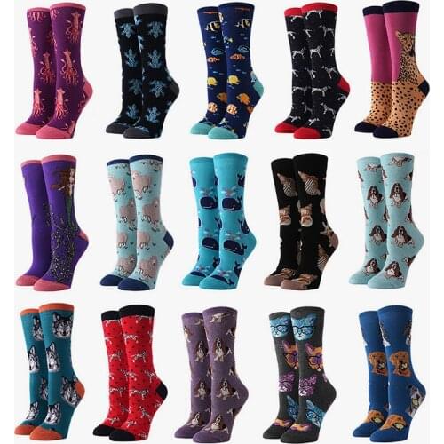 PEONFLY 2pairs/lot Cotton Women Long Socks Happy Colorful Harajuku Cute Animal Cat Dog Shark Sock Funny Fish Butterfly Leopard