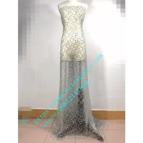 Newest design 5 yards French net tulle lace fabric hot sale African glued glitter with sequins lace fabric for party dress