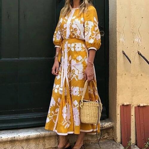 Autumn Casual O Neck Retro Long Dress Women Elegant Three Quarter Sleeve Party Dress Streetwear Plus Size Loose Dress Vestidos