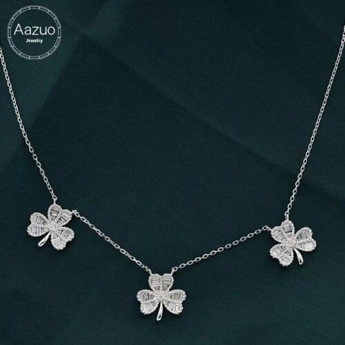 Aazuo Real 18K White Gold Real Bagutte Diamond Fairy Flower Leaf Choker Pendent With Chain Necklace gifted for Women 18Inch