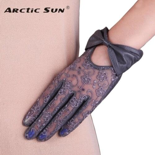 Womens Genuine Leather Gloves Bowknot Lace Autumn Winter Sunscreen Sheepskin Gloves Female Short Style Touchscreen L177N