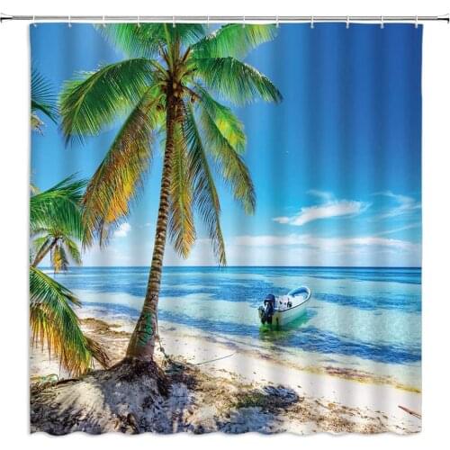 Beach Coconut Tree Shower Curtains Ocean Seaside Beach Scenery Boat Pattern Bathroom Decor Polyester Cloth Hanging Curtain Set