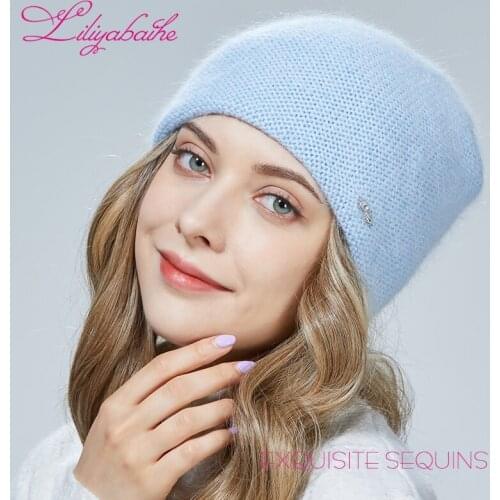 Liliyabaihe Women hat Knitted double layer for warmth Angora wool Front diamond decoration For girl Three-dimensional sewing