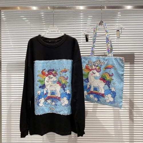 Unicorn Rainbow Pony Sequin With Big Pocket And Long Sleeve Sweatshirt Top Fashion In Autumn / Winter