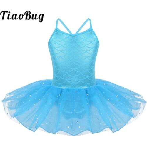 TiaoBug Kids Sparkly Scale Pattern Mermaid Costume Tutu Ballet Gymnastics Leotard Child Girls Stage Performance Mesh Dance Dress