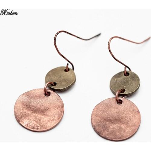 Drop Earrings Vintage Antique Silver color Copper Double Round Pendant Dangle women Earrings Jewelry for Party Gift