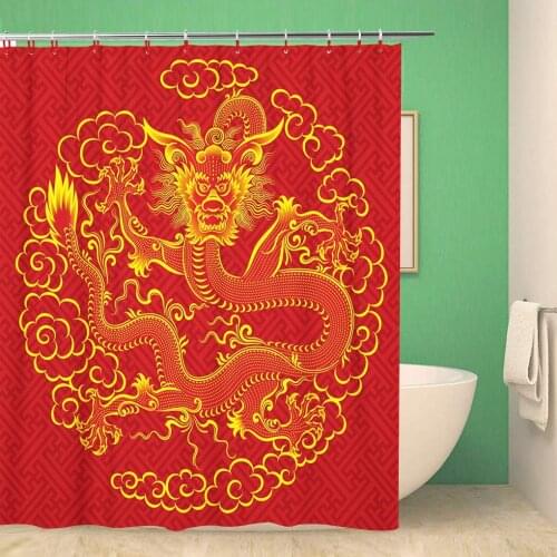 Bathroom Shower Curtain Yellow Pattern Red Chinese Dragon Oriental Asian China Tattoo Polyester Fabric 60x72 inches Waterproof