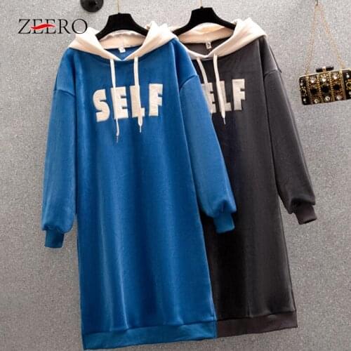 Women Velvet Thickening Hooded Pullover Long Sleeve Letter Casual Warm Tops Female Oversize Sweatshirt Straight Dresses L-4XL