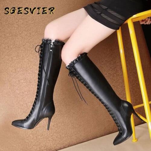 SGESVIER Plus size 34-46 Cow Leather Boots women fashion lace up sexy stiletto high heel ladies knee high boots zip ladies shoes