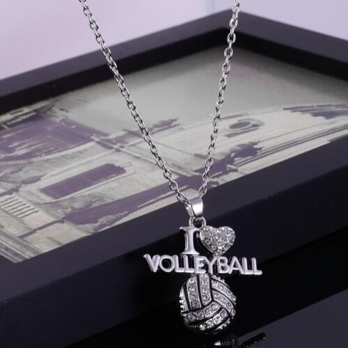 I Love Volleyball Pendant Necklace Crystal Rhinestone Choker Heart Ball Sport Jewellery for Women Men