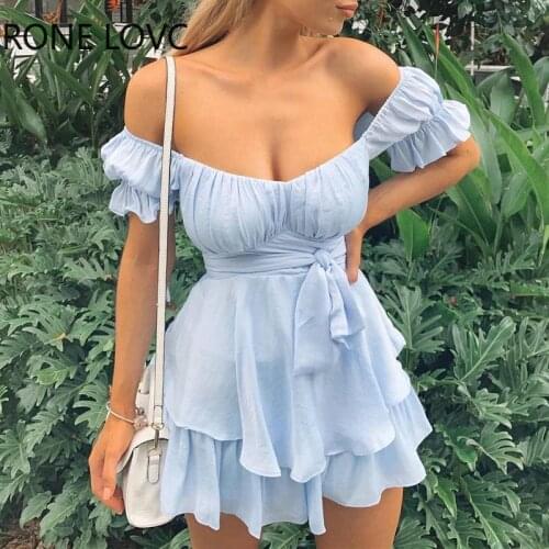 Women Solid Ruffles Hem Strap Short Sleeve Cold Shoulder Mini Dress Summer Mini Dress