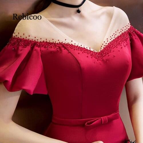 New Red Dress Sticky Diamond Sexy V-neck Long Dress Puff Sleeve Bandage Dress Waist Bowknot Women Dress robe femme