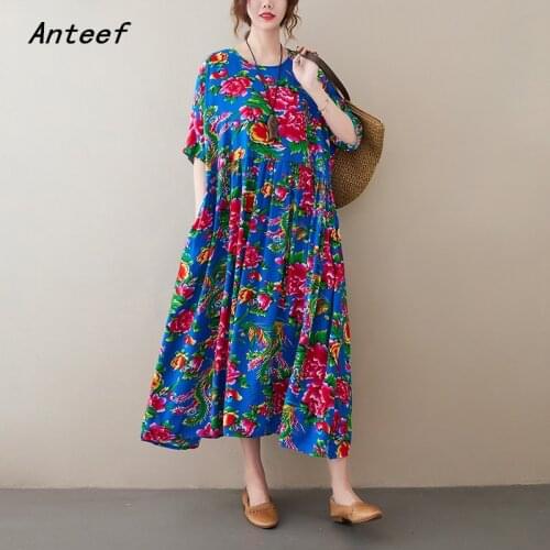 Short sleeve cotton vintage floral dresses for women casual loose long woman summer dress elegant clothes 2021