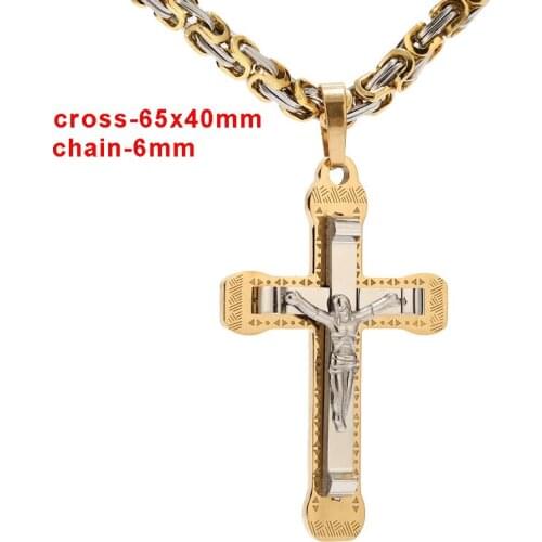 Gold tone Cross Christ Jesus Pendant Necklace Stainless Steel Figaro Chains Necklace Catholic Jesus Necklace With 24'' Chain