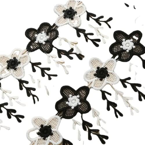 1 Yards White and Black Flower Embroidered Lace Bilateral Applique Trim Ribbon Sewing Decor Craft DIY Accessories