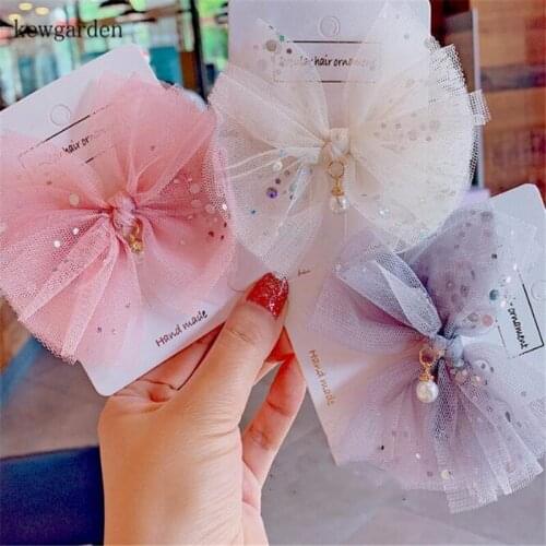 Kewgarden Cute Girls Sequin Organza Ribbon Bowknot Pearl Pendant Hairpins Hairbow Barrettes Hairclip Headwear Accessories 3Pcs