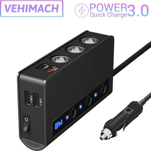 4 Ports USB Car Charger QC 3.0 Quick Charge 3-Socket Cigarette Lighter Splitter 12V/24V 180W Power Adapter Independent Switch