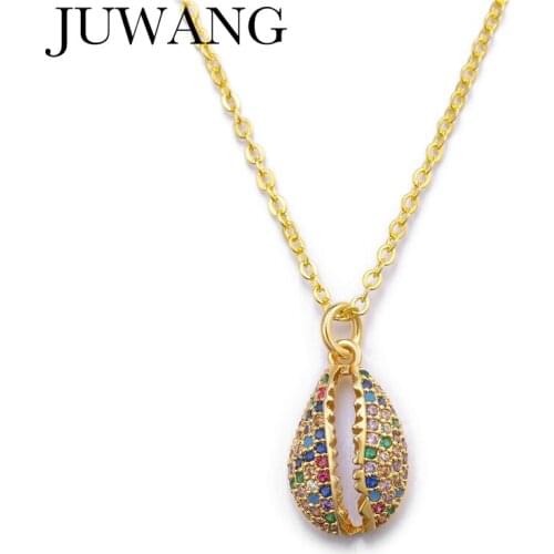 Bohemia Beach Jewelry Natural Sea Shell Pendant Necklace Gold CZ Zircon RainbowNecklace For Women Girl Gifts