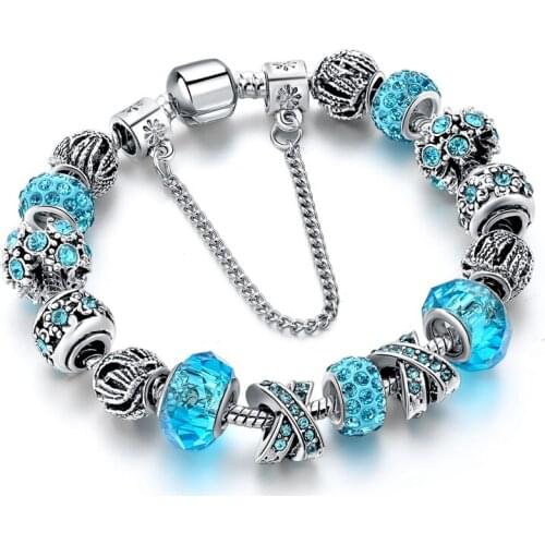MELIHE MELIHE Blue Crystal Charm Bracelets & Bangles For Women Silver plated bracelet femme Wedding DIY Jewelry SBR170022