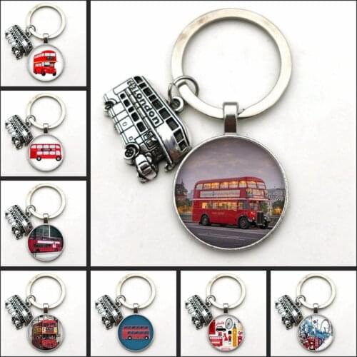 The New 2020 Vintage London Bus Keychain Bronze Bus Pattern Glass Convex Round Keychain London souvenirs DIY Jewelry Gift