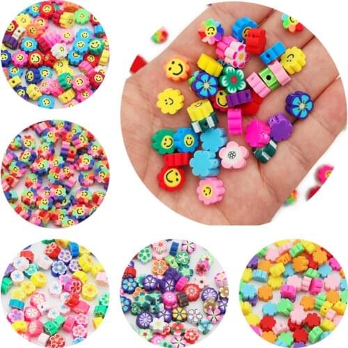 50pcs Mix Color Polymer Clay Beads Flower Smile Spacer Loose Beads For Jewelry Making DIY Handmade Bracelet Necklace Accessories