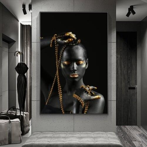 Black Woman Holding Golden Jewelry Canvas Paintings On The Wall Art Posters And Prints African Girl Body Art Pictures Wall Decor