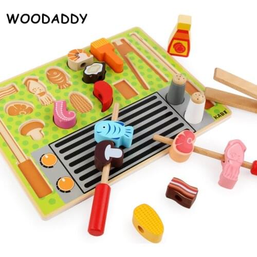 Dropshipping Simulation BBQ Cutting Set Wooden Toys For Kids Supermarket Cash Register Fruits/Dessert Kitchen Toys Educational