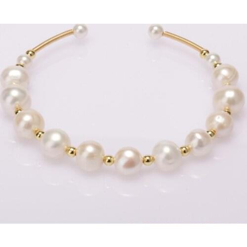 Hot sale many shiny freshwater white pearl beads n copper gold shaped open bangle in the shape of bead for women daily jewery