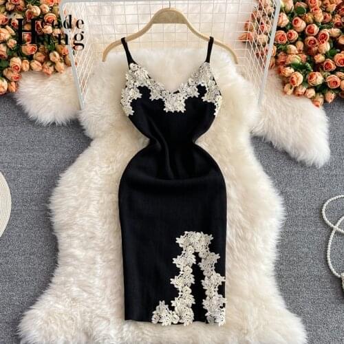 HangCode Summer Dresses for Women Flower Crochet Sexy Spaghetti Strap Bodycon Dress Black Slit Mini Club Dress Sundress