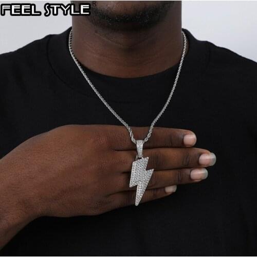 Hip Hop Bling Iced Out Micro Paved CZ Lightning Pendants & Necklaces For Men Rapper Jewelry With Tennis Chain Solid Back