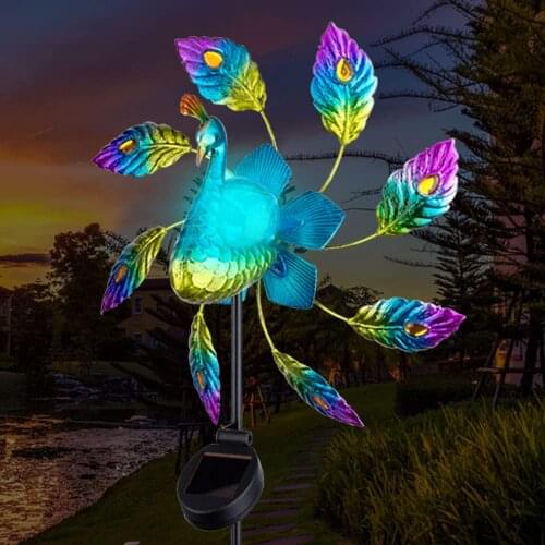 HQXING Peacock Solar Wind Spinner Lights Outdoor Metal Garden Decor Pathway Waterproof For Patio Lawn Courtyard Decoration 1PACK