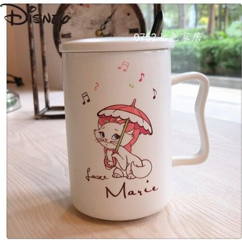 Disney Cartoon Mary Cat Ceramic Cup Student Bone China Mug Office Drinking Cup Milk Cup Coffee Cup with Lid