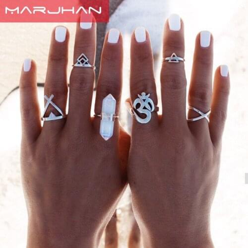 2016 New 6pcs/Set Vintage Punk Ring Set Hollow Antique Silver Plated Lucky Midi Rings Women Boho Beach Jewelry Natural Stone